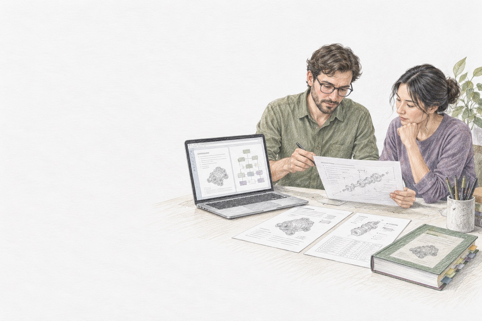 Colored-pencil illustration of two engineers reviewing shared information, with a laptop, source sheets, and a handbook.